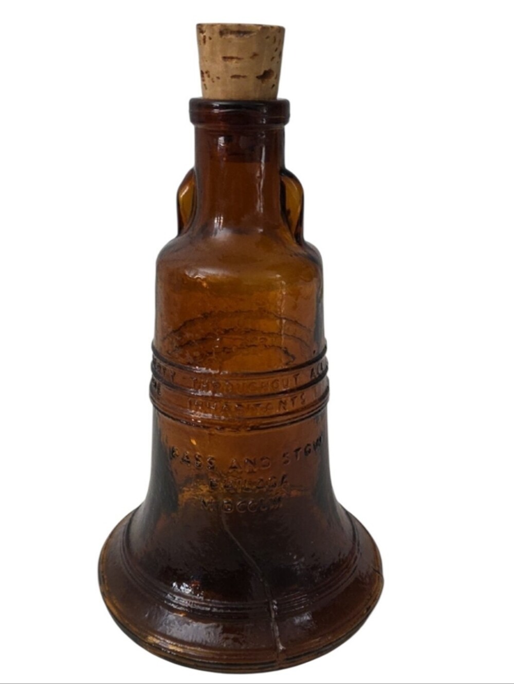 Vintage Amber Glass Liberty Bell Bottle with Cork